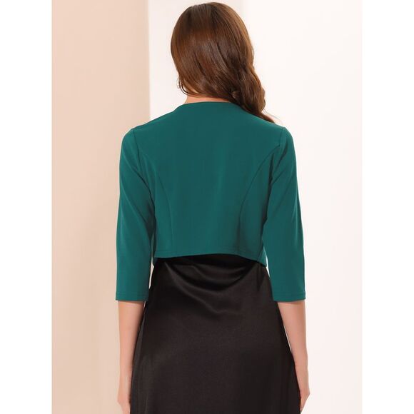 3/4 Sleeve Shrug Top Collarless Pleated Open Front Cropped Cardigan Dark Green - Picture 3 of 6